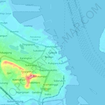 Mapa topográfico Gresik, altitud, relieve