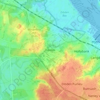 Mapa topográfico Dibden, altitud, relieve