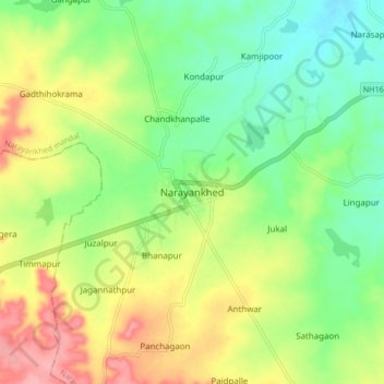 Mapa topográfico Narayankhed, altitud, relieve