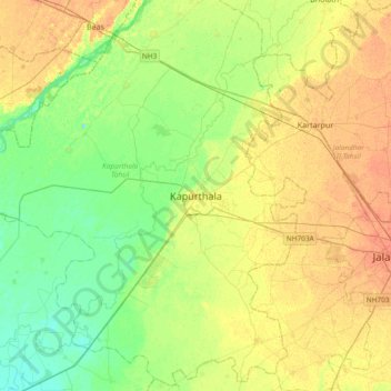 Mapa topográfico Kapurthala, altitud, relieve