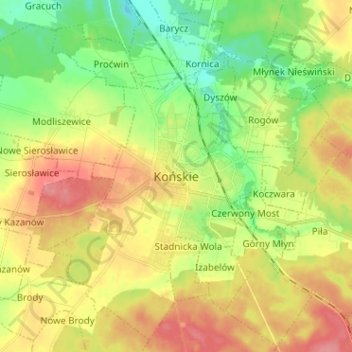 Mapa topográfico Końskie, altitud, relieve