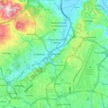 Mapa topográfico Olival Basto, altitud, relieve