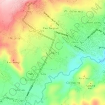 Mapa topográfico Cigadung, altitud, relieve