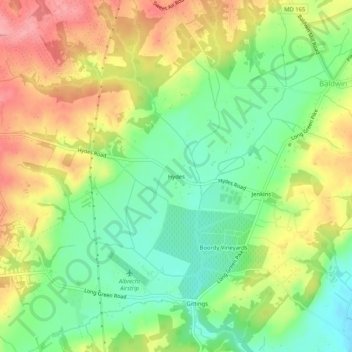 Mapa topográfico Hydes, altitud, relieve