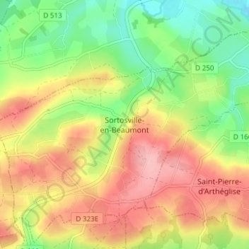 Mapa topográfico Sortosville-en-Beaumont, altitud, relieve
