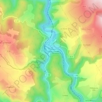 Mapa topográfico Chapeauroux, altitud, relieve