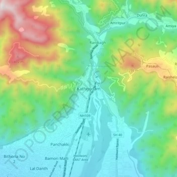 Mapa topográfico Kathgodam, altitud, relieve