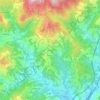Mapa topográfico Langasco, altitud, relieve