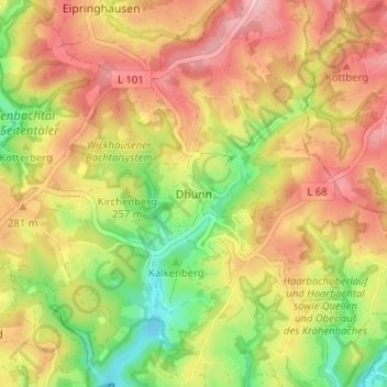 Mapa topográfico Dhünn, altitud, relieve