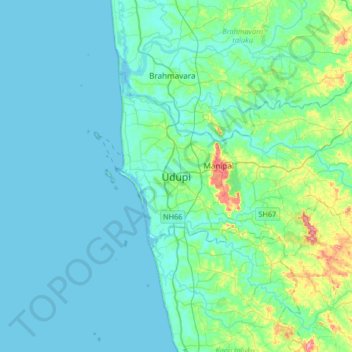 Mapa topográfico Udupi, altitud, relieve