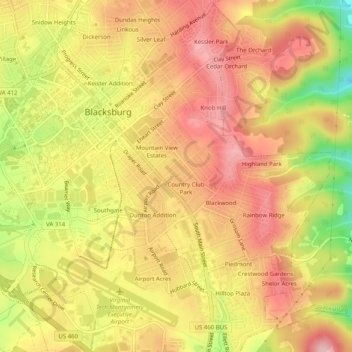 Mapa topográfico Evergreen, altitud, relieve