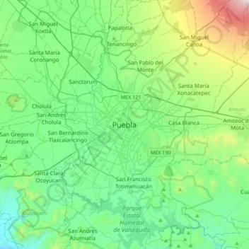 Mapa topográfico Puebla de Zaragoza, altitud, relieve