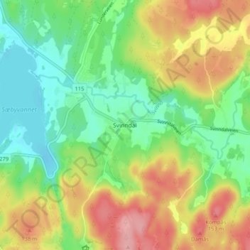 Mapa topográfico Svinndal, altitud, relieve