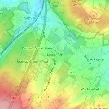 Mapa topográfico Lessenich, altitud, relieve