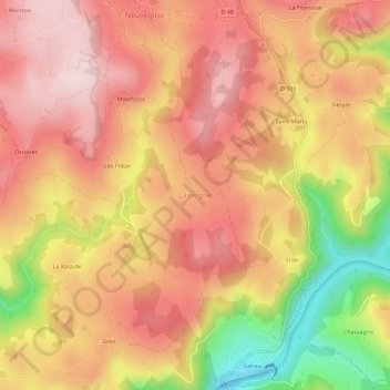 Mapa topográfico Lavergne, altitud, relieve