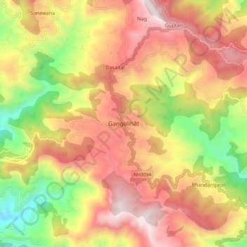 Mapa topográfico Gangolihāt, altitud, relieve