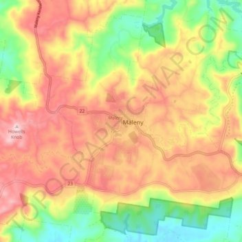 Mapa topográfico Maleny, altitud, relieve