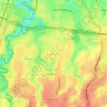 Mapa topográfico Bakti Jaya, altitud, relieve