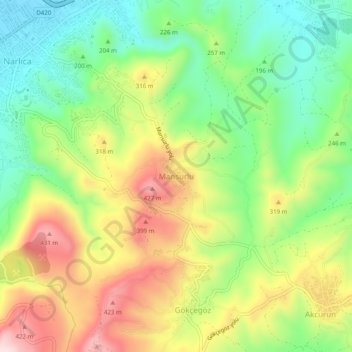 Mapa topográfico Mansurlu, altitud, relieve