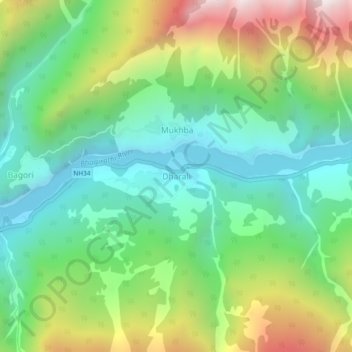 Mapa topográfico Dharali, altitud, relieve