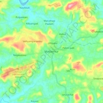 Mapa topográfico Mattannur, altitud, relieve
