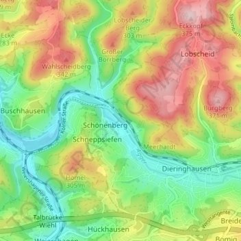 Mapa topográfico Brunohl, altitud, relieve
