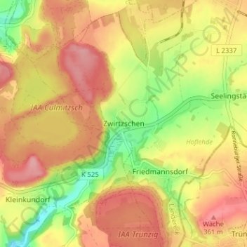 Mapa topográfico Zwirtzschen, altitud, relieve