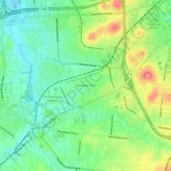 Mapa topográfico Cherokee Park, altitud, relieve