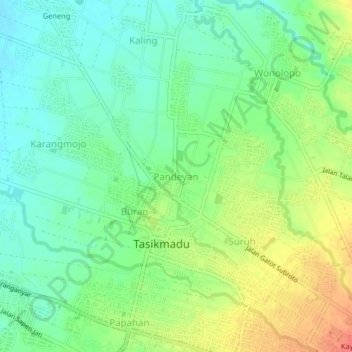 Mapa topográfico Pandeyan, altitud, relieve