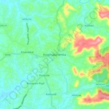 Mapa topográfico Koothuparamba, altitud, relieve