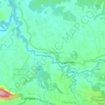 Mapa topográfico Ranca Bungur, altitud, relieve
