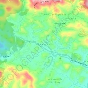 Mapa topográfico Thalappuzha, altitud, relieve