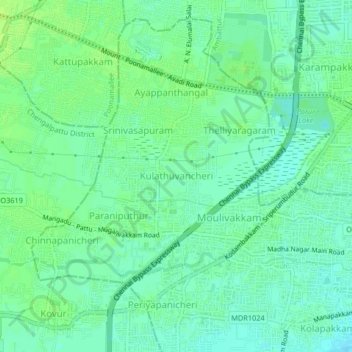 Mapa topográfico Kulathuvancheri, altitud, relieve