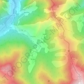 Mapa topográfico Axiat, altitud, relieve