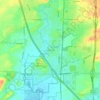 Mapa topográfico Lake Windsor, altitud, relieve