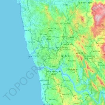 Mapa topográfico São Mamede de Infesta, altitud, relieve