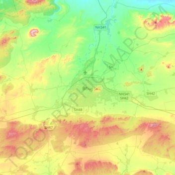 Mapa topográfico Bhuj, altitud, relieve