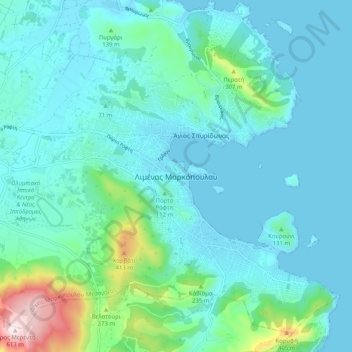 Mapa topográfico Limenas Markopoulou, altitud, relieve