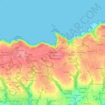Mapa topográfico Trouerenec, altitud, relieve