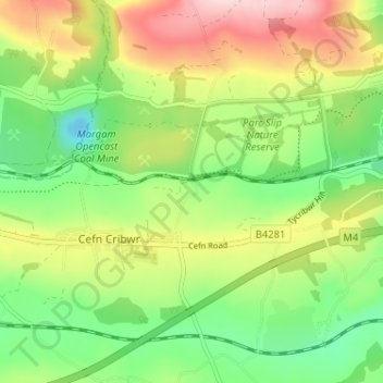 Mapa topográfico Cwm Ffoes, altitud, relieve