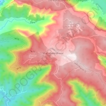 Mapa topográfico Mahabaleshwar, altitud, relieve
