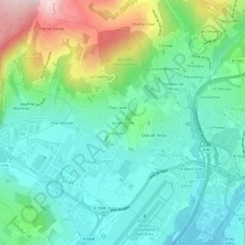 Mapa topográfico Sur les Nants, altitud, relieve