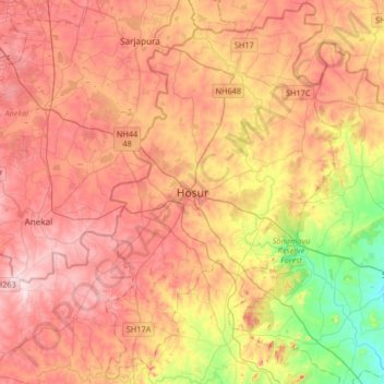 Mapa topográfico Hosur, altitud, relieve