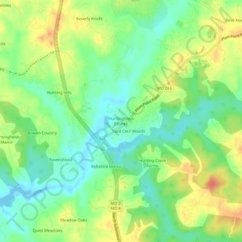 Mapa topográfico Huntingtown Estates, altitud, relieve