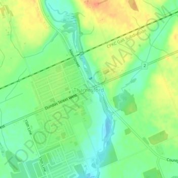 Mapa topográfico Thamesford, altitud, relieve