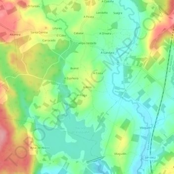 Mapa topográfico A Brea, altitud, relieve