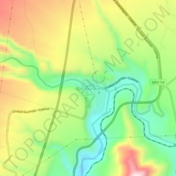 Mapa topográfico Atenquique, altitud, relieve