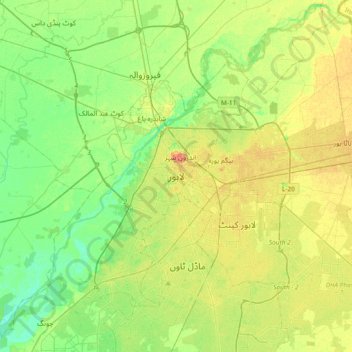 Mapa topográfico Lahore, altitud, relieve