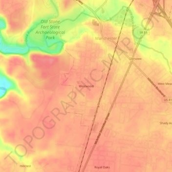 Mapa topográfico Westwood, altitud, relieve