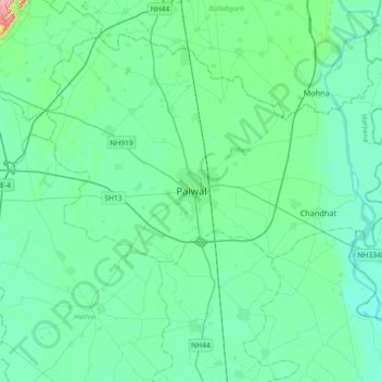 Mapa topográfico Palwal, altitud, relieve